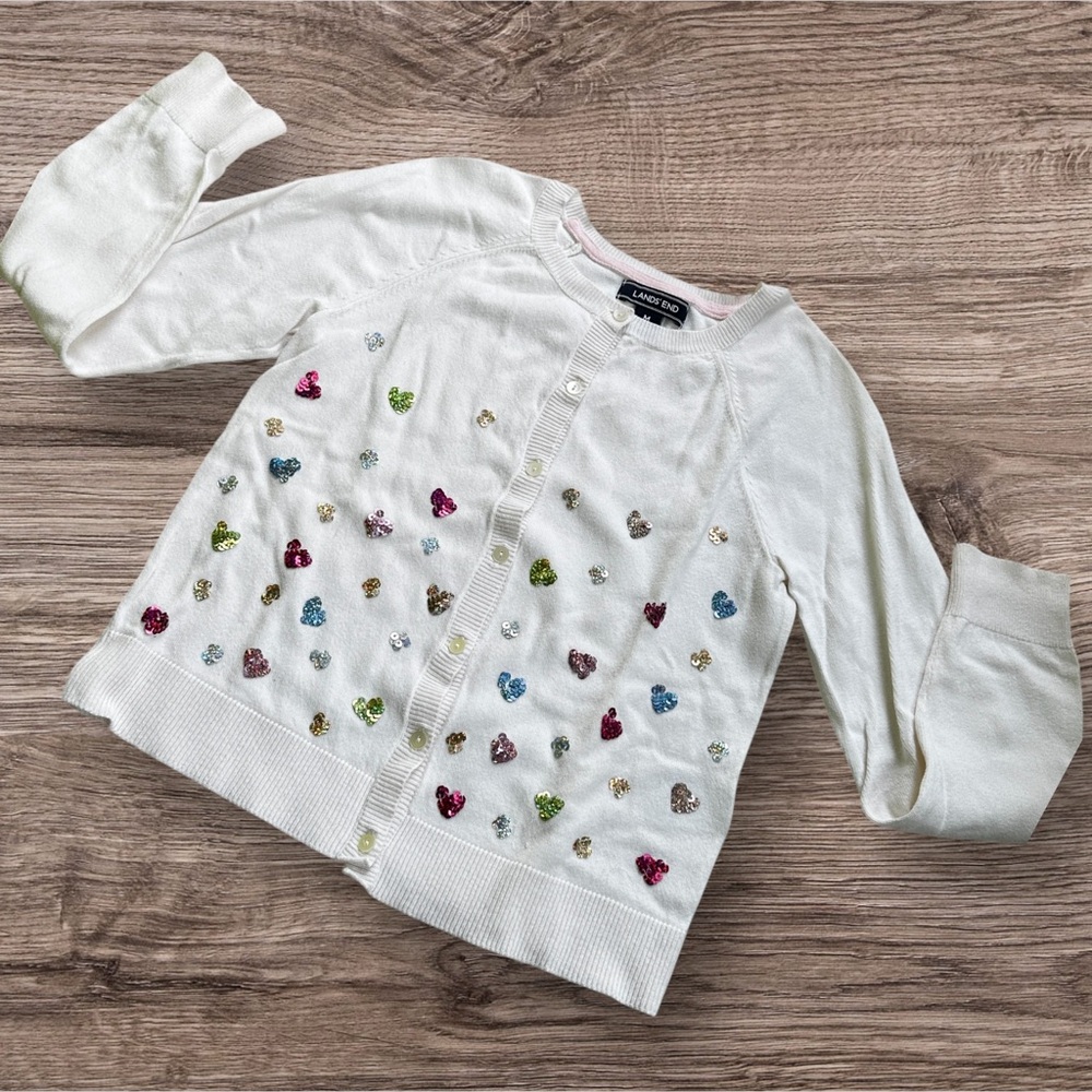 5x$25 Lands End White Cardigan with Colorful Heart Sequins Accents, M